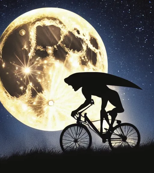 superman riding a flying bike across the full moon as | Stable