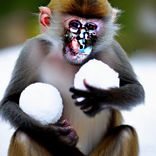 Image similar to beatiful photograph of monkey sitting in the center of the image whilst holding a snowball in its arms