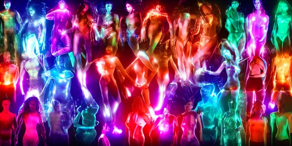 Image similar to diverse groups of humans with glowing electronic body implants projecting amazing 3D graphics, from behind, rebirth, beauty, wide angle, elaborate, wet, highly detailed, colors, beautiful lighting