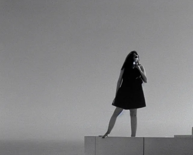 Prompt: a still of a young woman standing on a huge concrete white deck, high above the ground, of a minimalist brutalist beach house, wide angle, clear sky and background, in the music video Wrapped Around your Finger (1983)
