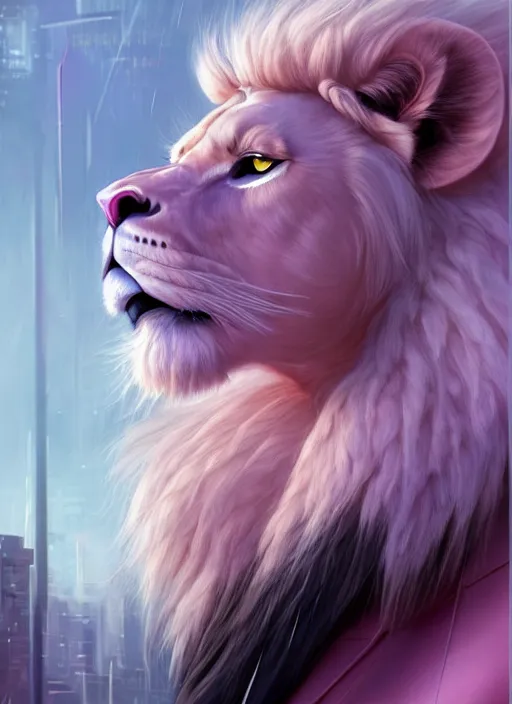 Image similar to aesthetic portrait commission of a of a male fully furry muscular anthro albino lion with a tail and a beautiful attractive hyperdetailed face wearing stylish and creative unkempt black and pink wired clothes in a sci-fi dystopian city at golden hour while it storms in the background. Character design by charlie bowater, ross tran, artgerm, and makoto shinkai, detailed, inked, western comic book art, 2021 award winning painting