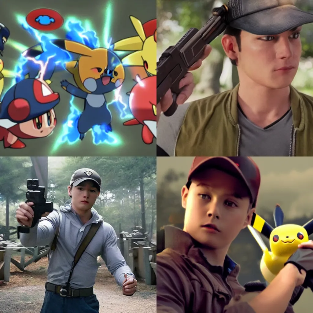 Prompt: Still from Pokemon Holding Guns Movie, well lit, excellent lighting, dramatic, stunning, heavily downvoted