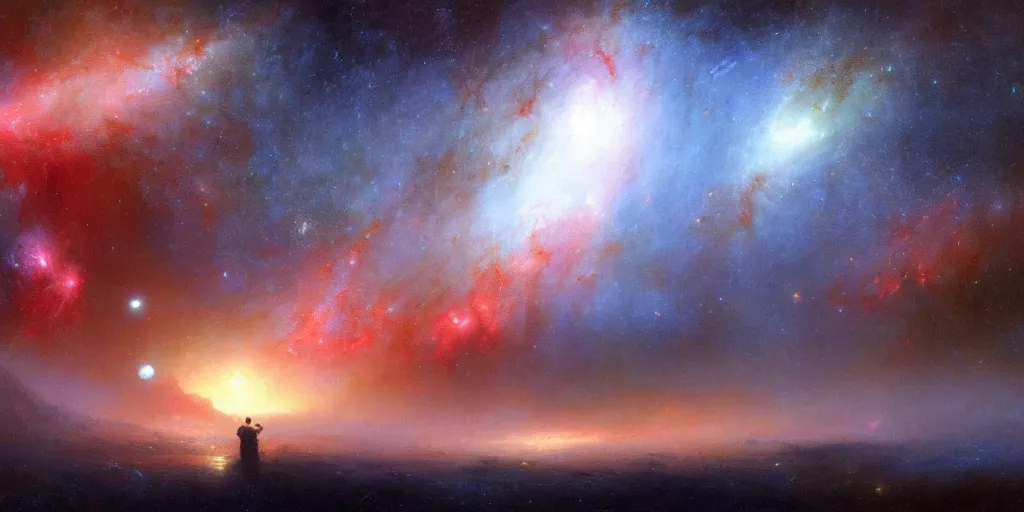 Prompt: an android admires the cosmic nebula, by ivan aivazovsky, peaceful palette, matte painting