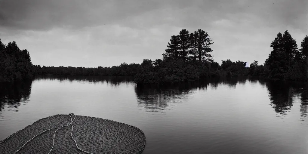 Image similar to centered photograph of a infintely long rope zig zagging across the surface of the water into the distance, floating submerged rope stretching out towards the center of the lake, a dark lake on a cloudy day, atmospheric, color film, trees in the background, hyper - detailed photo, anamorphic lens