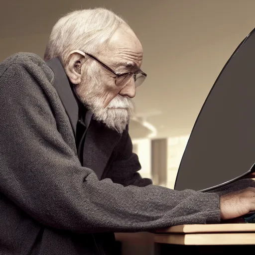 Image similar to old man staring at a highly advanced computer , old photo , HD , 4k