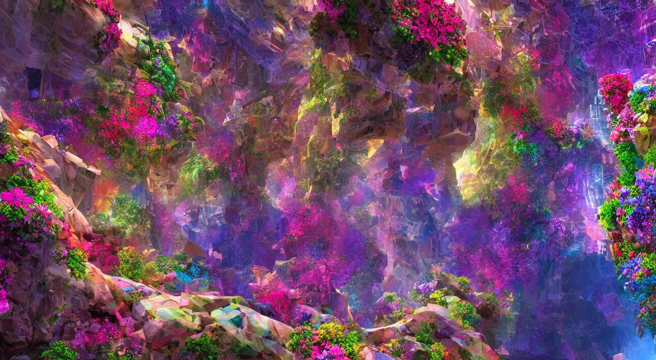 Image similar to biological crystallographic lattice bridging megastructure, in a canyon with flowers and lots of colors, by jack oliva - rendler, by glenn small, by albert bierstadt, photorealistic, zaha hadid, god rays, volumetric lighting, detailed, extremely intricate, raytrace, octane, light fog, neon