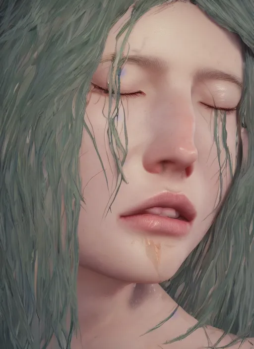 Image similar to a female looking directly while her left eye is closed and the other is open, naturel, hyper detailed, digital art, trending in artstation, cinematic lighting, studio quality, smooth render, unreal engine 5 rendered, octane rendered, art style by klimt and nixeu and ian sprigger and wlop and krenz cushart