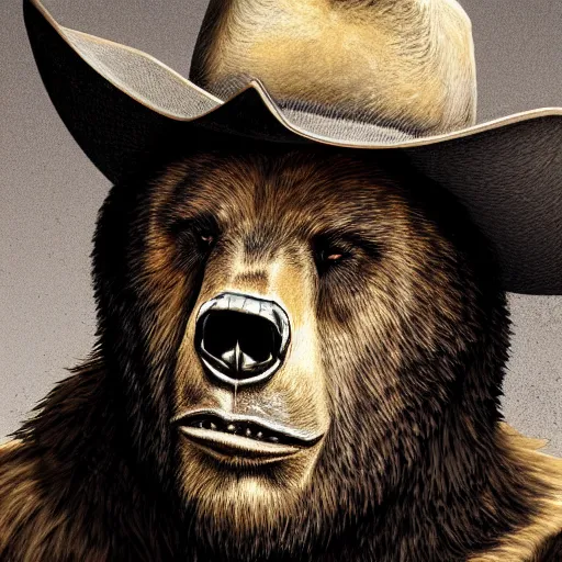 Image similar to portrait of bear beast-man wearing a cowboy hat, digital art, concept art, highly detailed, sharp focus