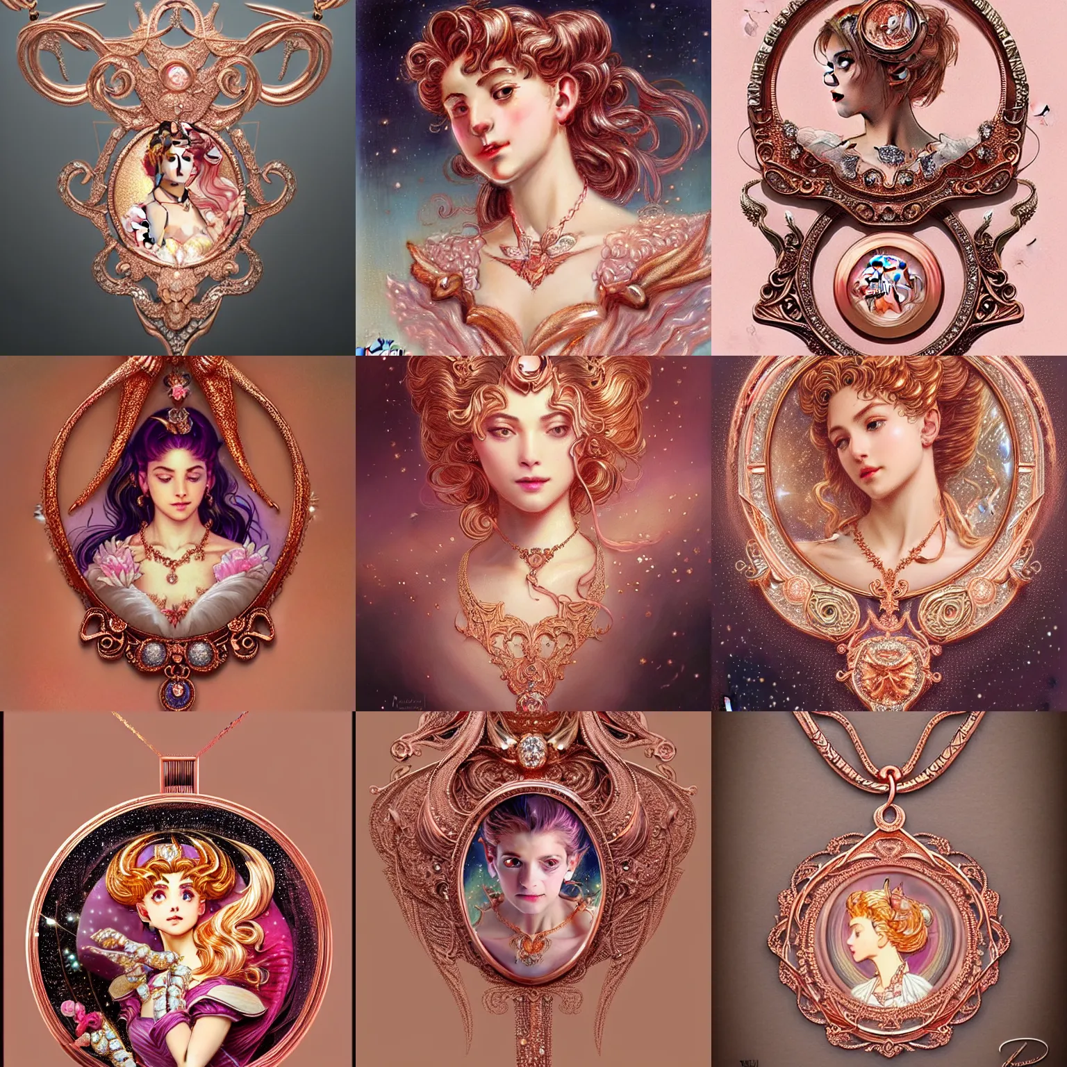 Prompt: a beautiful detailed necklace made of rose gold glowing in sparkles with heavenly notes Neo Rococo, highly detailed sailor moon aesthetic, fantasy, intricate, elegant, highly detailed, digital painting, artstation, concept art, matte, sharp focus, illustration, Maximalism Artgerm and Greg Rutkowski and Alphonse Mucha