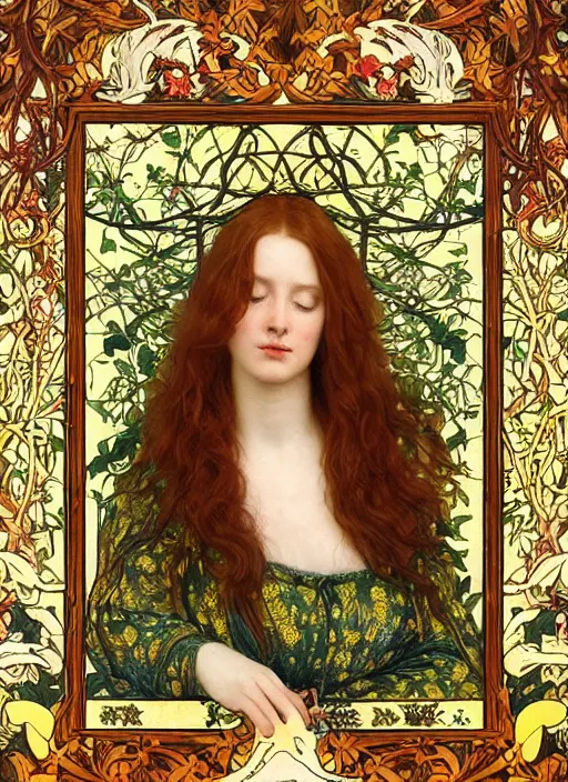 Prompt: masterpiece beautiful seductive flowing curves pose preraphaelite portrait photography, extreme closeup shot, straight bangs, thick set features, yellow ochre ornate medieval dress, amongst foliage mushroom forest arch, circle, william morris and kilian eng and mucha, framed, 4 k