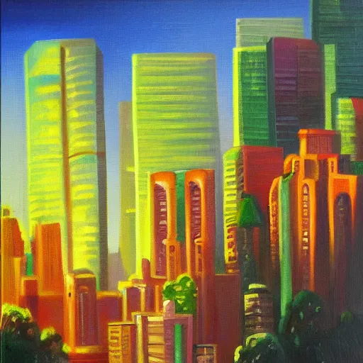 Image similar to dense city canyon emerald light oil painting