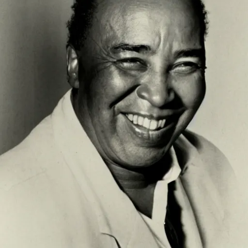 Prompt: realistic photo of old charlie parker at age 7 6, smiling, black and white