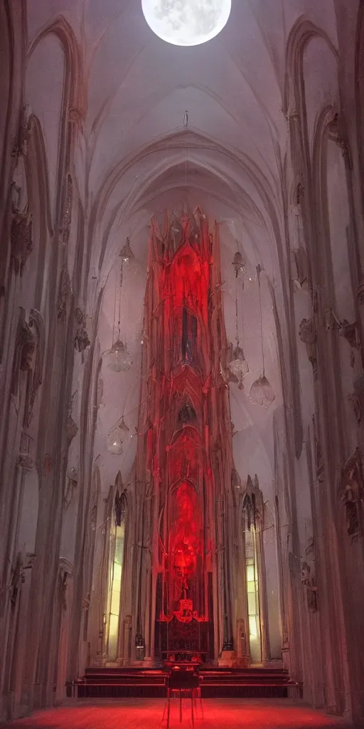 Image similar to satanic church with a red lighting of the interior illuminated by the moon : : ultra mystic : : cinematic