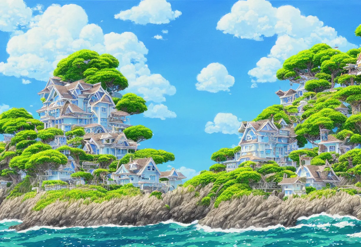 Image similar to a beautiful ultradetailed painting of a seaside house, sunny, close shot, studio ghibli sunlight, archdaily, wallpaper, highly detailed, trending on artstation