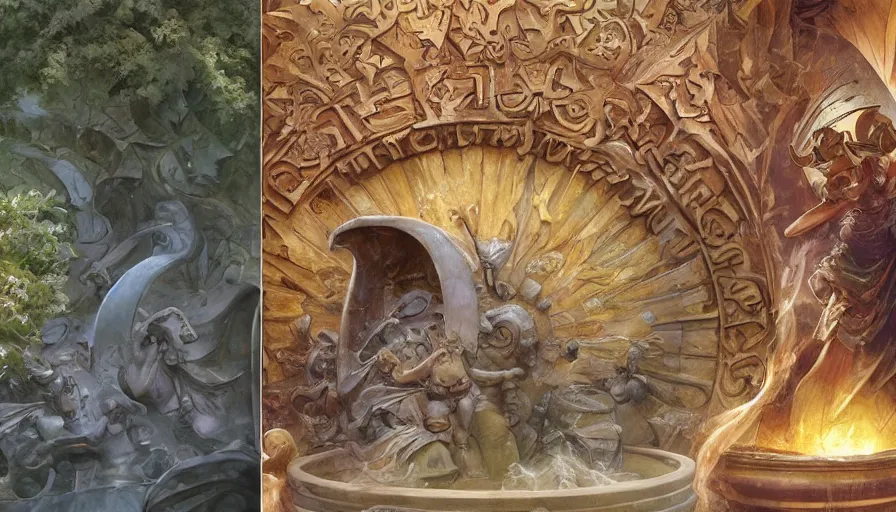 Image similar to craig mullins, studio ghibli, and alphonse mucha illustration of a relief sculpture of the sun on top of a fountain in a garden, flowers, unreal engine, hyper realism, realistic shading, cinematic composition, realistic render, octane render, detailed textures, photorealistic, wide shot