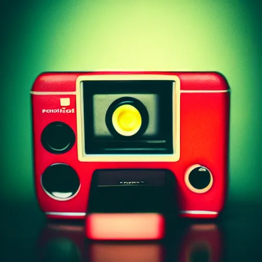 Prompt: vintage analog polaroid product photography of a handheld game console, bright red, studio lighting, film grain, lensflare, color bleed, glare