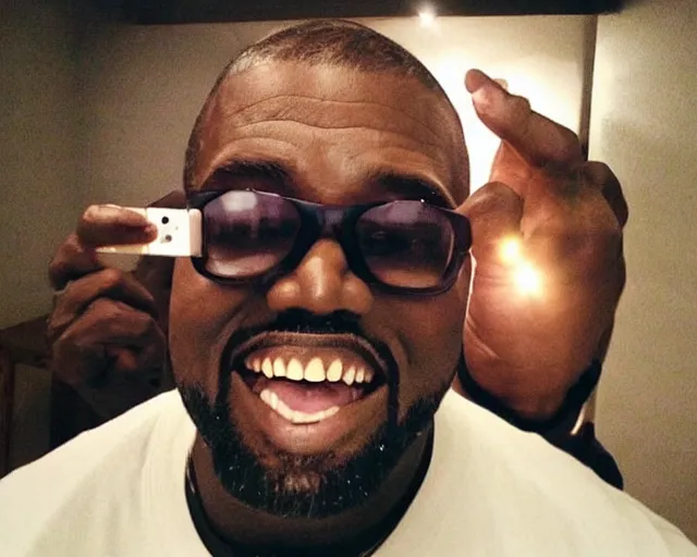 Image similar to my uncle that look like Kanye West if he was poor asf accidentally taking a selfie with the front camera lol, camera flash is so bright in his face, viral, selfie, viral on twitter, viral on instagram, viral photo