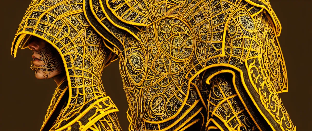 Prompt: hyperrealist highly detailed neo-baroque portrait of obscure high fashion warrior, etched bone armour, intricate silk robes with geometric trippy trippy patterns, concept art pascal blanche dramatic yellow lighting 8k wide angle shallow depth of field