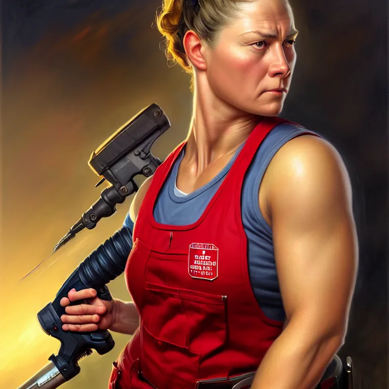 Image similar to epic portrait a slightly muscular woman wearing short sleeved uniform and carrying a red power tool drill, detailed, centered, digital painting, artstation, concept art, donato giancola, Joseph Christian Leyendecker, WLOP, Boris Vallejo, Breathtaking, 8k resolution, extremely detailed, beautiful, establishing shot, artistic, hyperrealistic, beautiful face, octane render