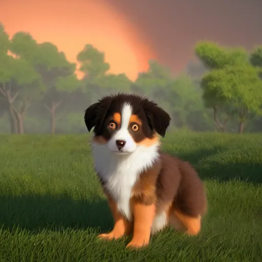 Image similar to a wholesome animation key shot of australian shepherd puppy, studio ghibli, pixar and disney animation, sharp, rendered in unreal engine 5, anime key art by greg rutkowski, bloom, dramatic lighting