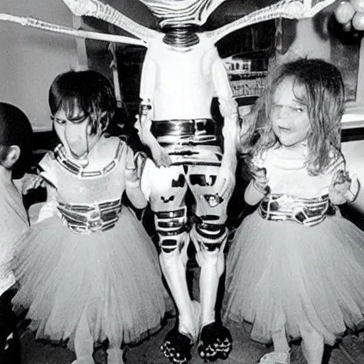 Prompt: Alien from the Alien movies wearing a tutu at his birthday party, nostalgic 90's photo