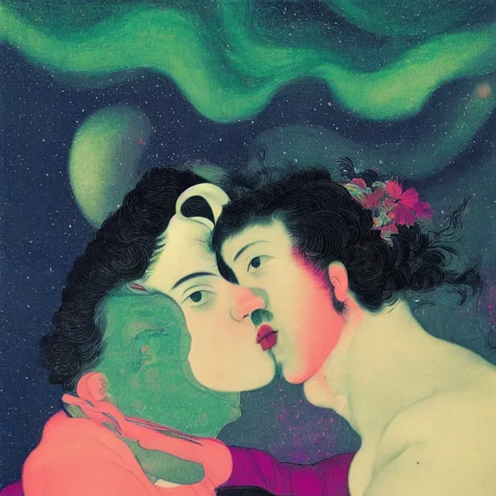 Prompt: close portrait of woman and man kissing. aurora borealis. iridescent, vivid psychedelic colors. painting by caravaggio, agnes pelton, utamaro, monet