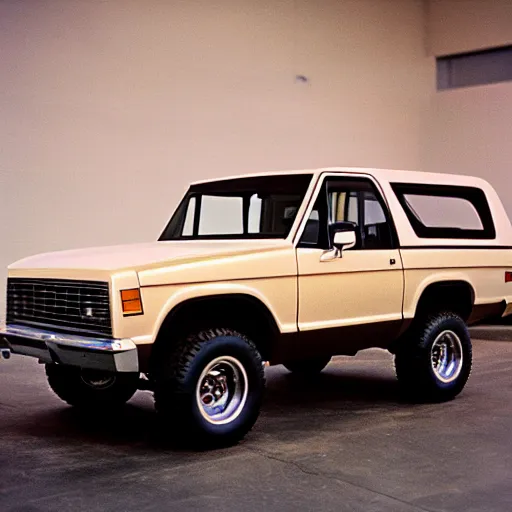 Image similar to 1980 GNX Bronco, inside of an auto dealership, ektachrome photograph, volumetric lighting, f8 aperture, cinematic Eastman 5384 film