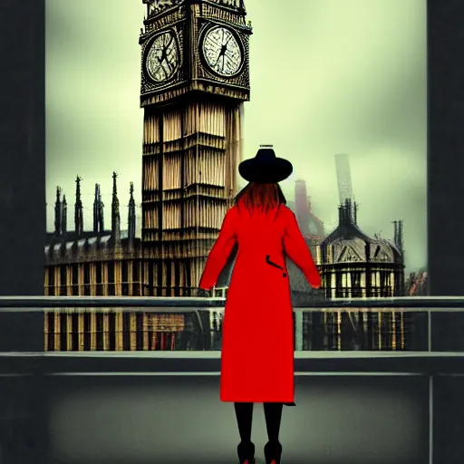 Image similar to A woman wearing a trench coat,a black hat and red high heels flying high in the sky above the tall buildings,the Big Ben is in background, top down perspective,gloomy lighting,creepy atmosphere,digital art , highly detailed , high contrast, beautiful lighting, award winning , trending on art station, 8k, photo realistic