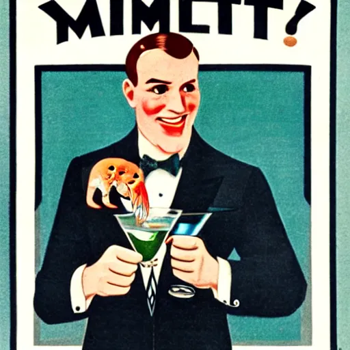 Image similar to a man holding a martini with an otter swimming in it while the otter gives a thumbs up in a 1 9 2 0 s advertisement poster