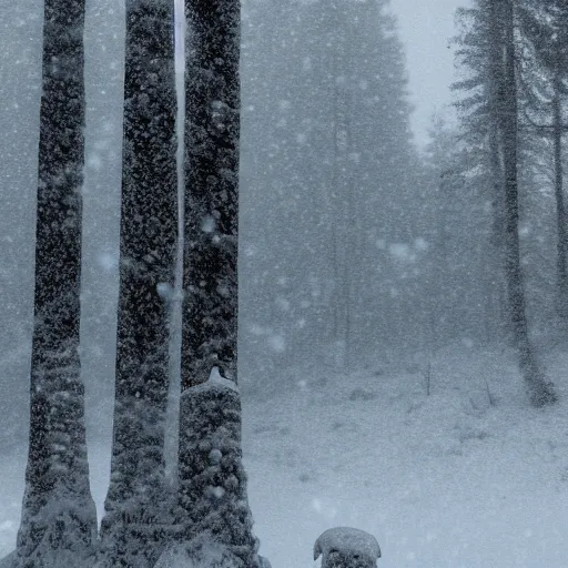 Prompt: a monolithic monster in a taiga. snowing, grainy, overcast sky.