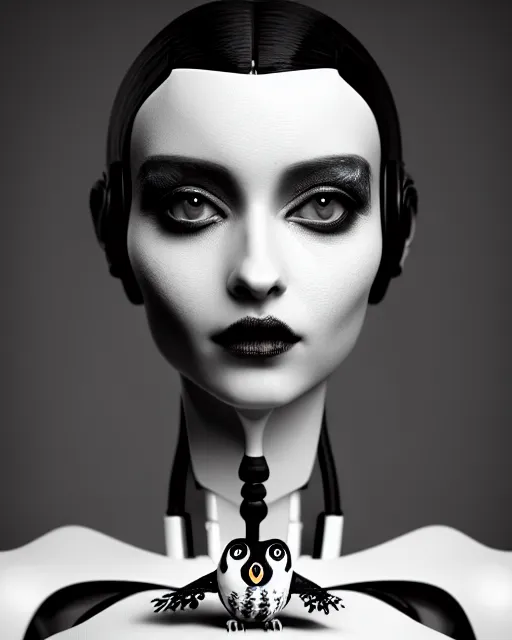 Image similar to surreal mythical dreamy dark artistic black and white fine art 3 / 4 portrait photo of a young delicate female robot with orchid - owl face, rim light, cinematic, studio dramatic light, poetic, octane render, 8 k, photo - realistic by hg giger