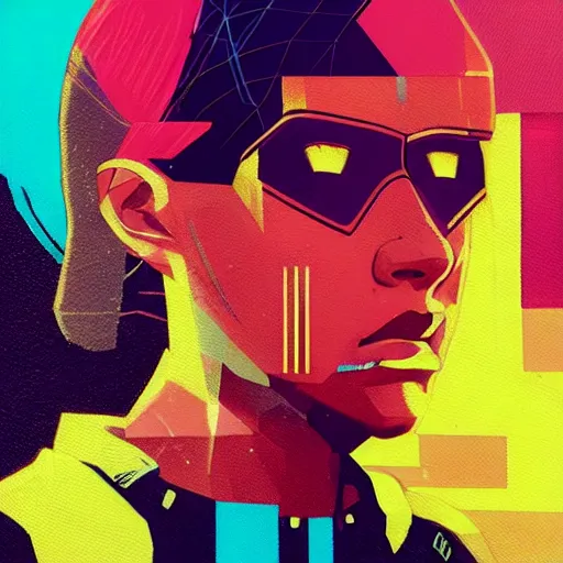 Prompt: Cyberpunk2077 Profile Picture by Sachin Teng, asymmetrical, Organic Painting , Matte Painting, geometric shapes, hard edges, graffiti, street art, 300 dpi :2 by Sachin Teng:4