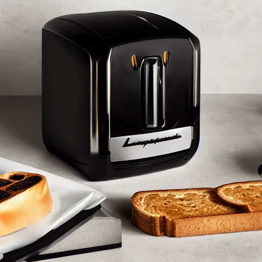 Image similar to a Lamborghini concept toaster, with bread in the slots, studio product shot