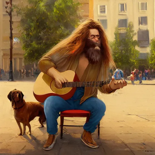 Image similar to oil painting of a young man with long hair blond and a beard hippie style with his golden retrever dog playing guitar in the square for money, people watching around, by greg rutkowski, artstation