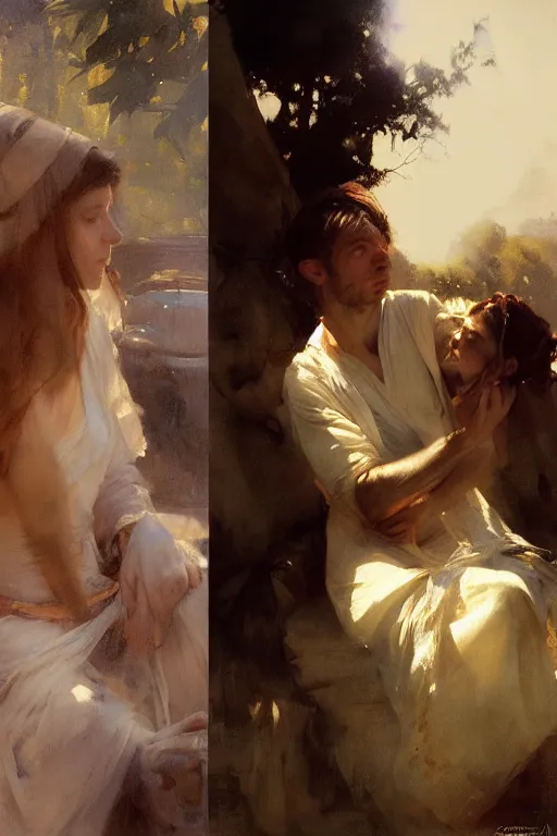 Image similar to portrait david and bathsheba by anders zorn, wonderful masterpiece by greg rutkowski, beautiful cinematic light, by greg manchess, jessica rossier