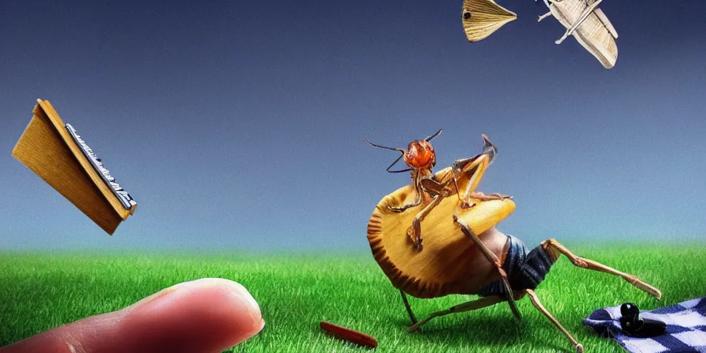 Prompt: a cricket playing a tiny piano on top of a picnic blanket about to be crushed by a giant human foot, low field of view, blurry background, digital art, artstation