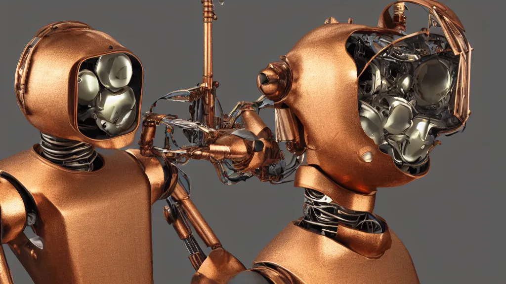 Prompt: portrait of a robot from the 17th century, made of copper brass iron and wood, glass lenses, VFX render