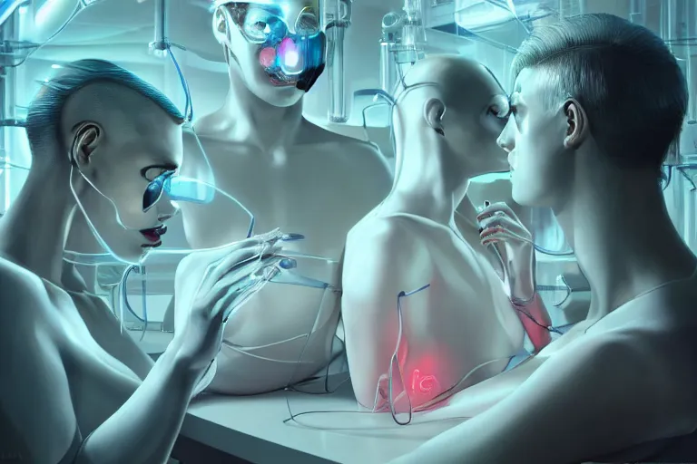 Image similar to androgynous cyborgs creating humans in a sophisticated bio lab, specimens submerged in incubators, sci - fi, neon lighting, sophisticated, futuristic, highly detailed, intricate, sharp focus, digital illustration, smooth, by artgerm, wlop, syd meade, greg rutkowski, trending on artstation