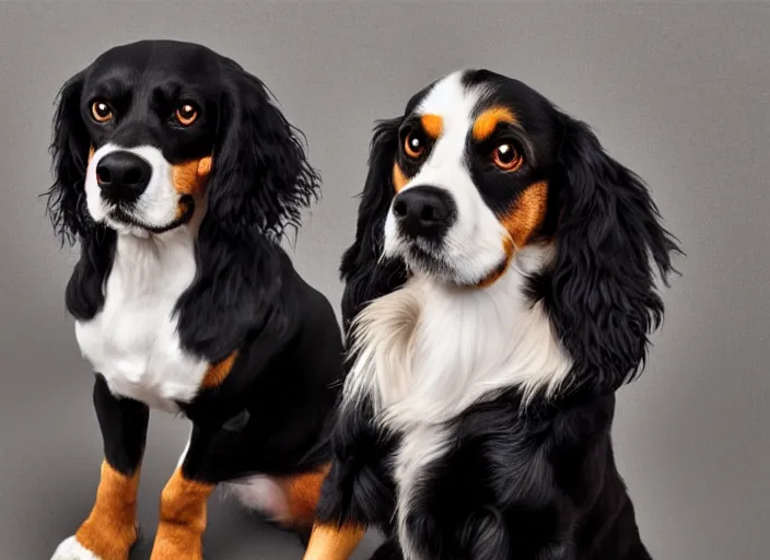 Image similar to photo realistic picture 5 0 mm of a black king charles cavalier sitting next to a brown dash hound, they are both looking at each other lovingly