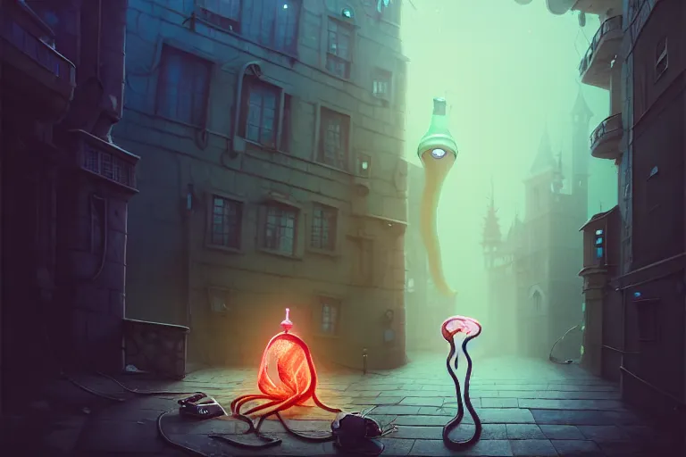 Prompt: the street in front of the castle surrounded by tentacles, a body in a hoodie lies on the street, an empty flask lies nearby, tentacles burst out of the body, peter mohrbacher style, ray tracing, octane render, cinematic, digital art, realistic, high quality, 8 k