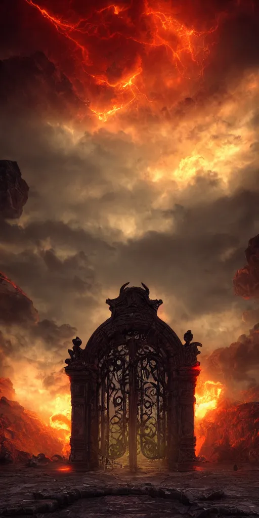 Image similar to The gate of hell in heaven, dramatic lighting, 8K HDR, octane render, unreal engine 5, tarot card, fantasy, concept art, digital art, trending on DeviantArt, trending on Artstation, high quality, highly detailed, high color contrast, path tracing, clouds