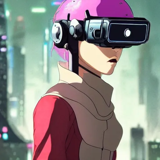 Prompt: a portrait of a female space pirate wearing vr headset and cyber military helmet, cyberpunk aesthetic, ghost in the shell style, akira, Studio Ghibli, manga art