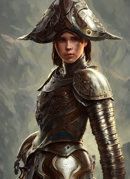 Image similar to portrait of ellen page as a legendary knight warrior, au naturel, hyper detailed, digital art, trending in artstation, cinematic lighting, studio quality, smooth render, unreal engine 5 rendered, octane rendered, art style by klimt and nixeu and ian sprigger and wlop and krenz cushart.