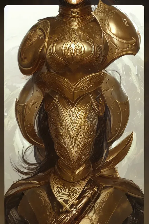 Prompt: attractive young female, ornate metallic helmet, battle armor, olive skin, long dark hair, beautiful bone structure, intricate, elegant, highly detailed, digital painting, artstation, concept art, smooth, sharp focus, illustration, art by artgerm and greg rutkowski and alphonse mucha