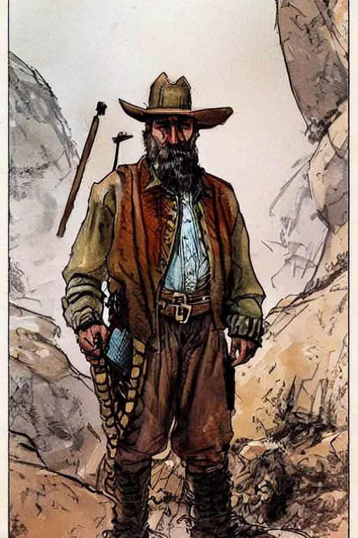 Image similar to vernon. Old rabbit dressed as an old west prospector. concept art by James Gurney and Mœbius.