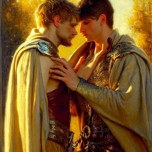 Image similar to stunning arthur pendragon in love with stunning male merlin the mage. they are close to each other, touching, looking. highly detailed painting by gaston bussiere, craig mullins, j. c. leyendecker