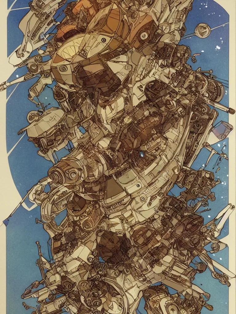 Image similar to Highly-detailed spaceship travelling at warp speed, by Mucha, trending on ArtStation