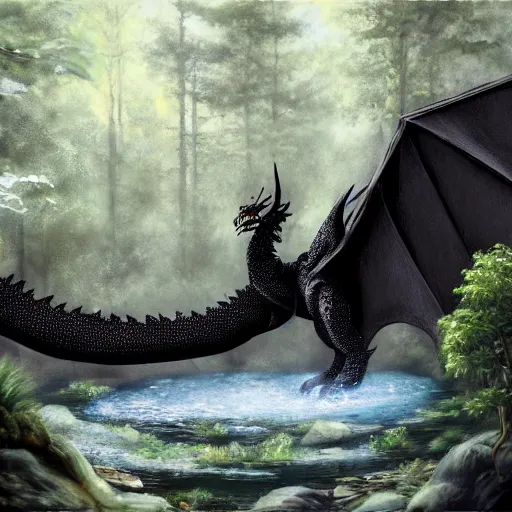 Prompt: highly detailed oil painting of a black dragon in the middle of a geothermal hotspring in the woods, featured on artstation