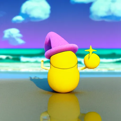 Prompt: 3 d octane render, of a hot anthropomorphic lemon female character inspired by cartoon adventure time, with lemon skin texture, she is wearing a hat, building a sandcastle on the beach at sunset, beach, huge waves, sun, clouds, long violet and green trees, rim light, cinematic photography, professional, sand, sandcastle, volumetric lightening