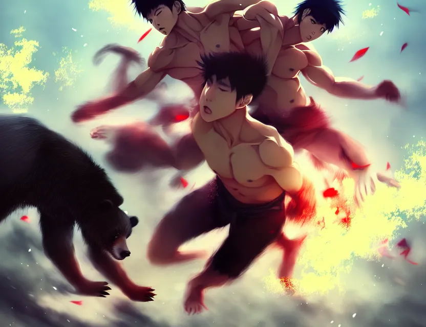 Image similar to asian male model fighting a bear, by nashimanga, anime illustration, anime key visual, beautiful anime - style digital painting by wlop, amazing wallpaper